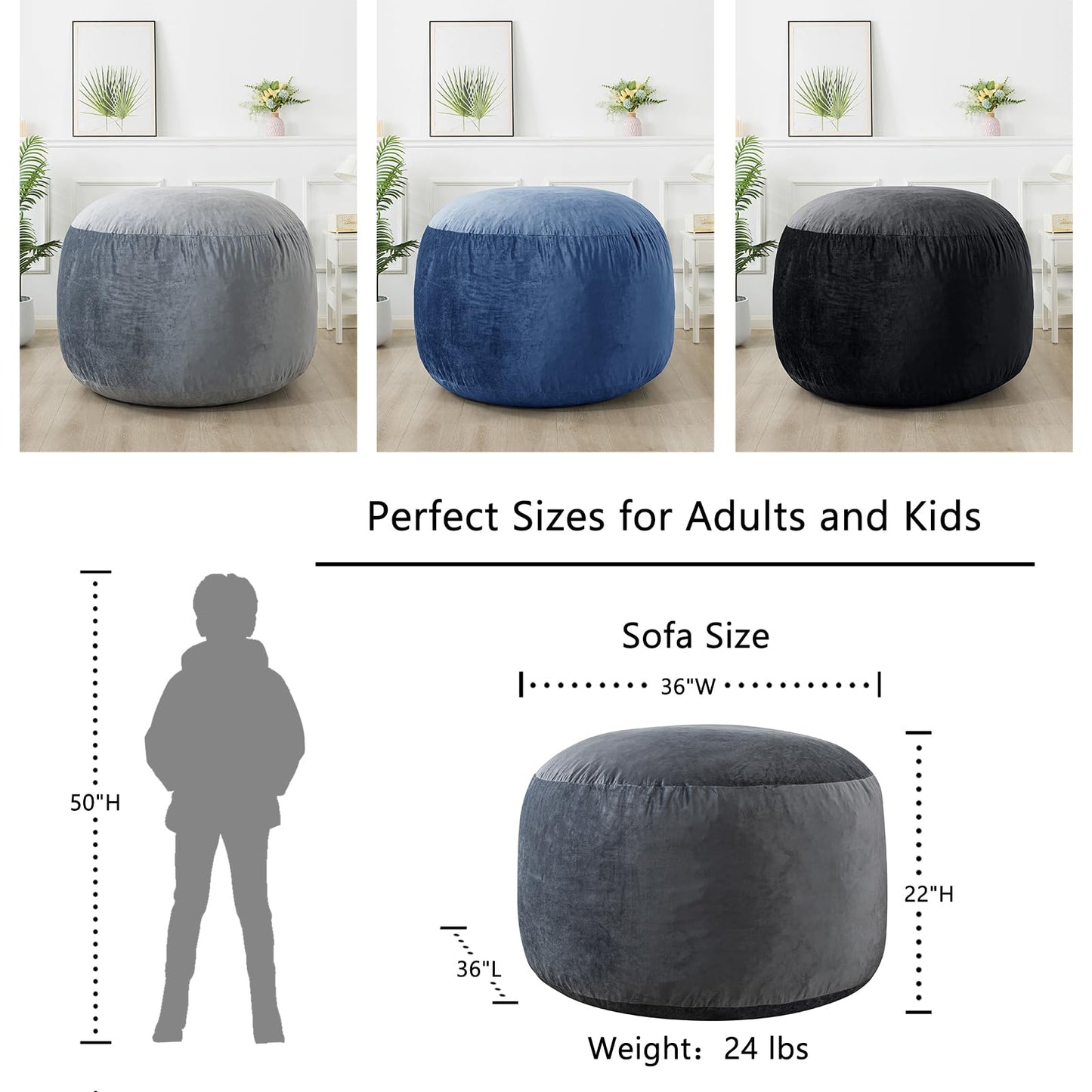 WhatsBedding 3 ft Bean Bag Chairs for Adults/Teens with Filling, Medium Bean Bag Sofa with Memory Foam, Furniture Bag with Soft Dutch Velvet Cover, Dark Gray, 3 Foot
