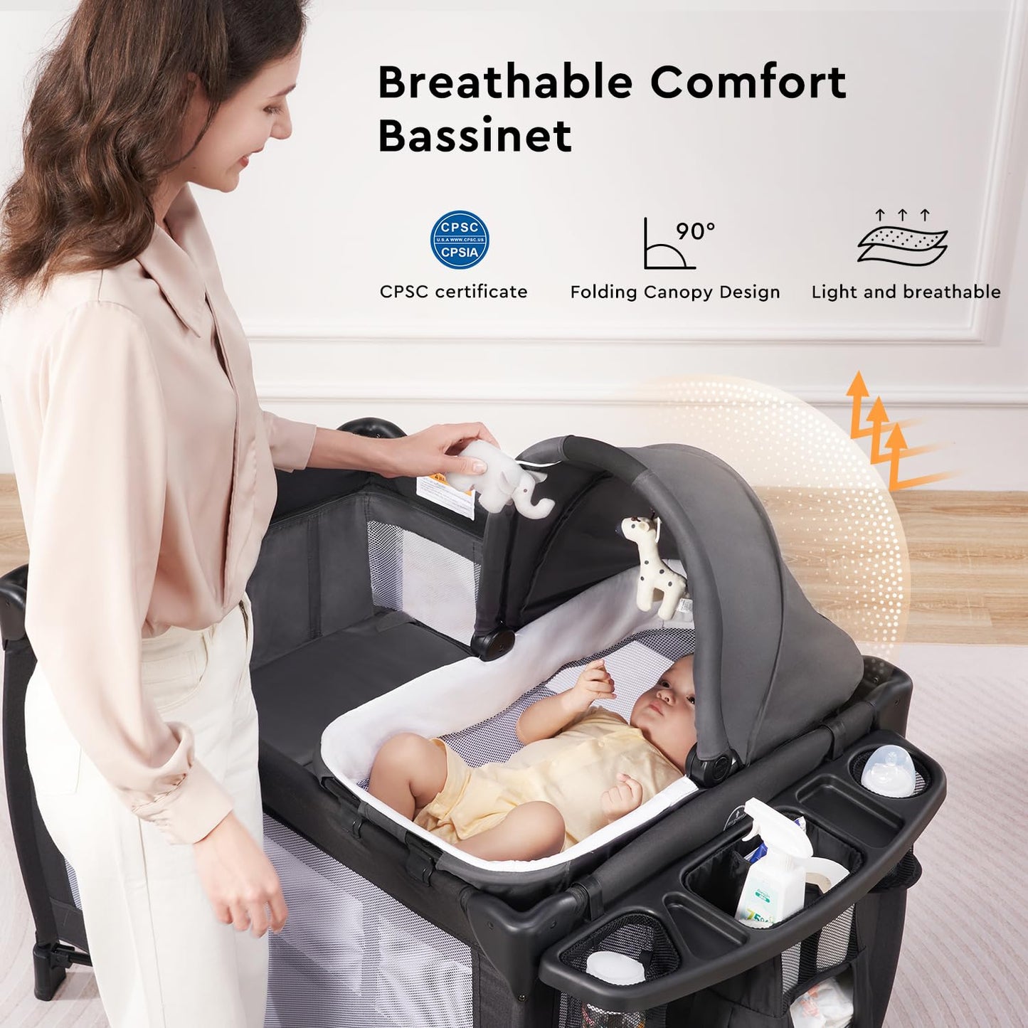 LILLEPRINS 4-in-1 Portable Baby Playpen with Bassinet
