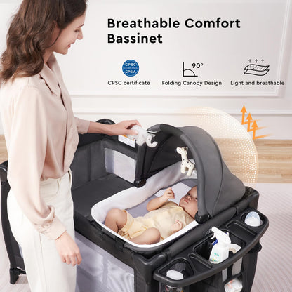 LILLEPRINS 4-in-1 Portable Baby Playpen with Bassinet