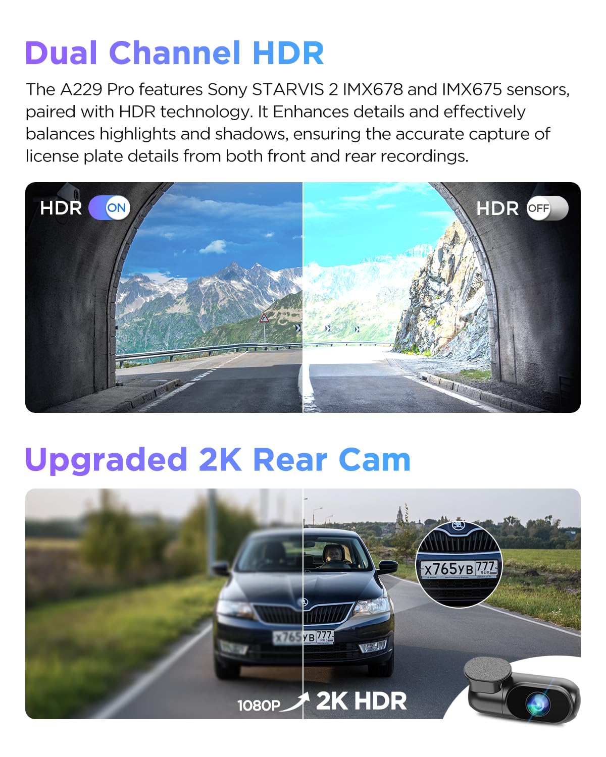 VIOFO A229 Pro 4K HDR Dash Cam, Dual STARVIS 2 IMX678 IMX675, 4K+2K Front and Rear Car Camera, 2 Channel with HDR, Voice Control, 5GHz WiFi GPS, Night Vision 2.0, 24H Parking Mode, Support 512GB Max