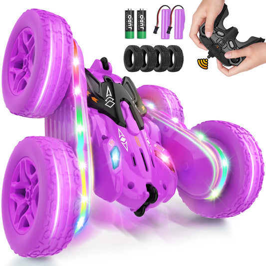 Jimdella Remote Control Car,RC Cars with sides light strip and Headlights,Double Sided 360 Flips Rotating RC Stunt Car,2.4Ghz All Terrain Toys for Ages 4-6 Kid Toy for Boys Girls Birthday Gift(Purple)