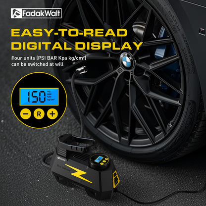 FADAKWALT Tire Inflator Portable Air Compressor, DC 12V Tire Air Pump with LED and 150PSI Digital Pressure Gauge, Portable Tire Inflator for Car Tires, Motorcycles, Bike, Ball (Yellow)