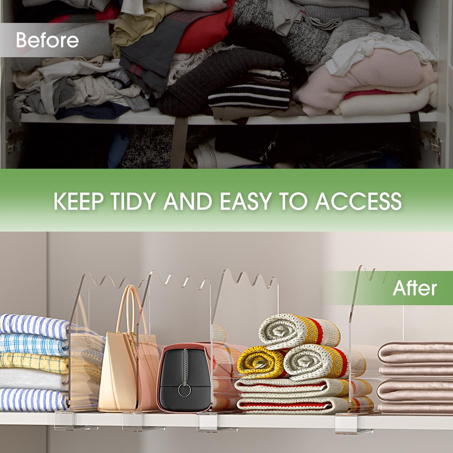 SPACEKEEPER Shelf Dividers for Closet Organization, Clear Closet Shelf Divider for Clothes Purses Separators, Wood Shelves Organizer for Bedroom, Kitchen, Office, Cabinets, Bathroom, 6 Pack
