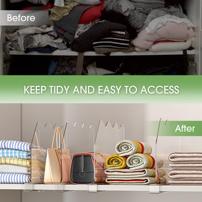 SPACEKEEPER Shelf Dividers for Closet Organization, Clear Closet Shelf Divider for Clothes Purses Separators, Wood Shelves Organizer for Bedroom, Kitchen, Office, Cabinets, Bathroom, 6 Pack