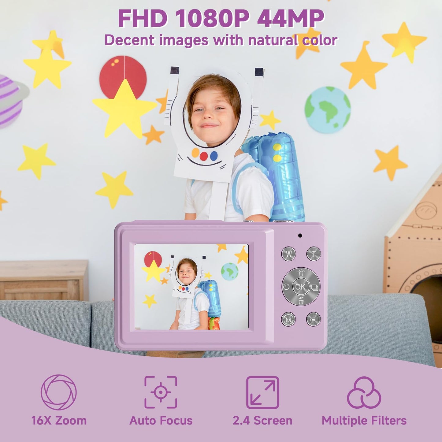 FHD 1080P Digital Camera for Kids, Purple