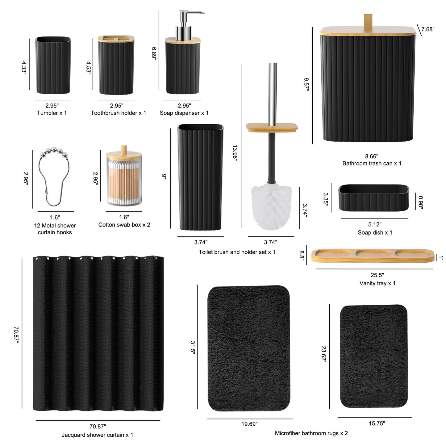 22PCS Black Bathroom Accessories Set with Curtain