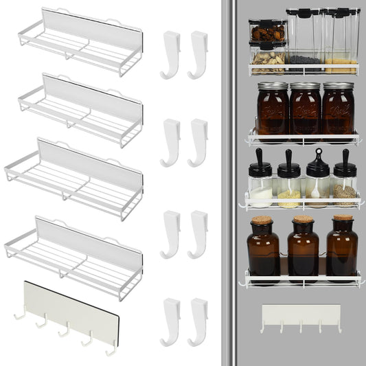 HCBaoXGui Magnetic Spice Rack for Refrigerator,5 Pack Magnetic Shelf for Fridge Magnetic Organizer Seasoning Rack Kitchen Organizer with 13 Magnetic Hooks,Refrigerator Magnet Shelf (White)