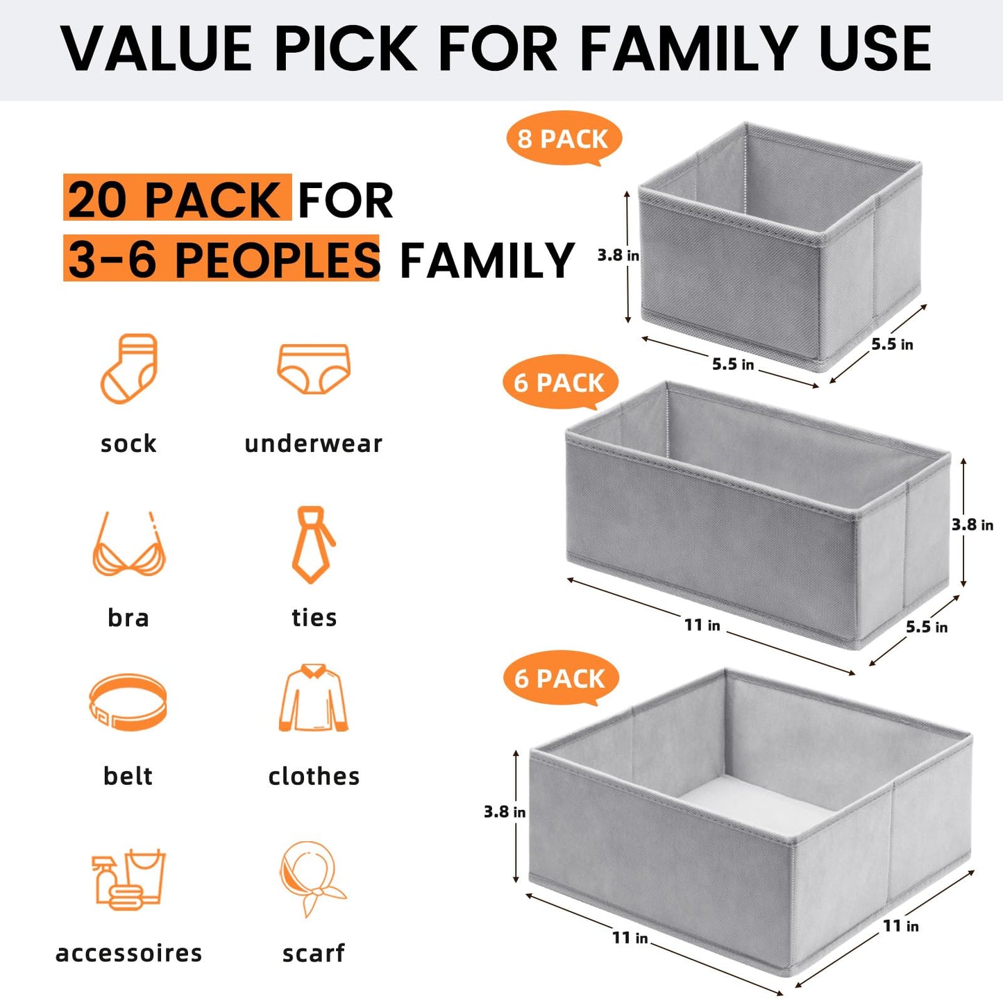 20 Pack Fabric Drawer Organizer Bins - Grey