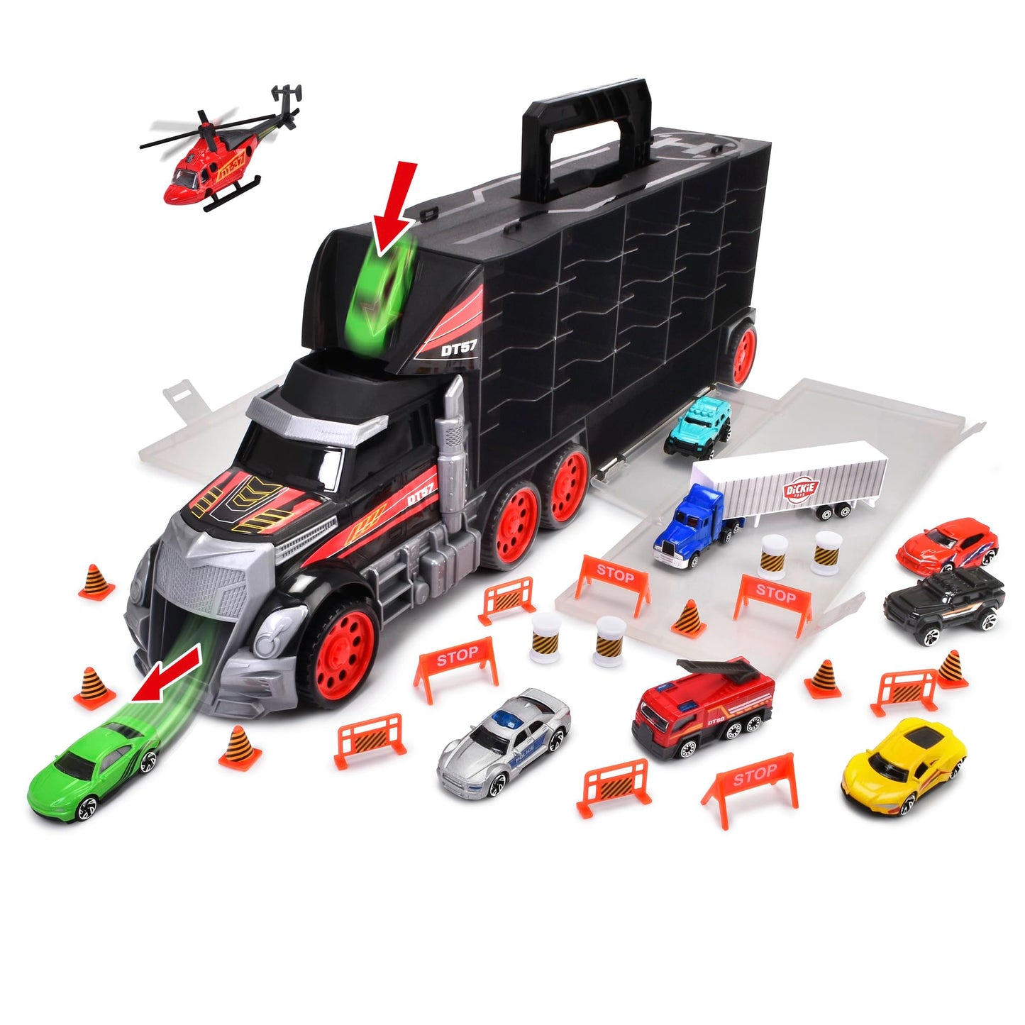 DICKIE TOYS - Truck Carry Case Playset | 1:64 Scale Diecast | Hold up to 42 Cars | Includes 7 Cars, Helicopter, Big Rig and 18 Accessories | Ages 3+