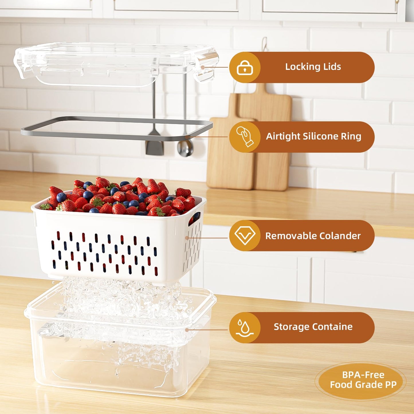 KEMETHY 4 Pcs Large Fruit Storage Containers For Fridge with Removable Colanders, Airtight Food Storage Container, BPA-Free, Dishwasher & Microwave Safe, Keep Berry Fruit Vegetable, Meat Fresh Longer