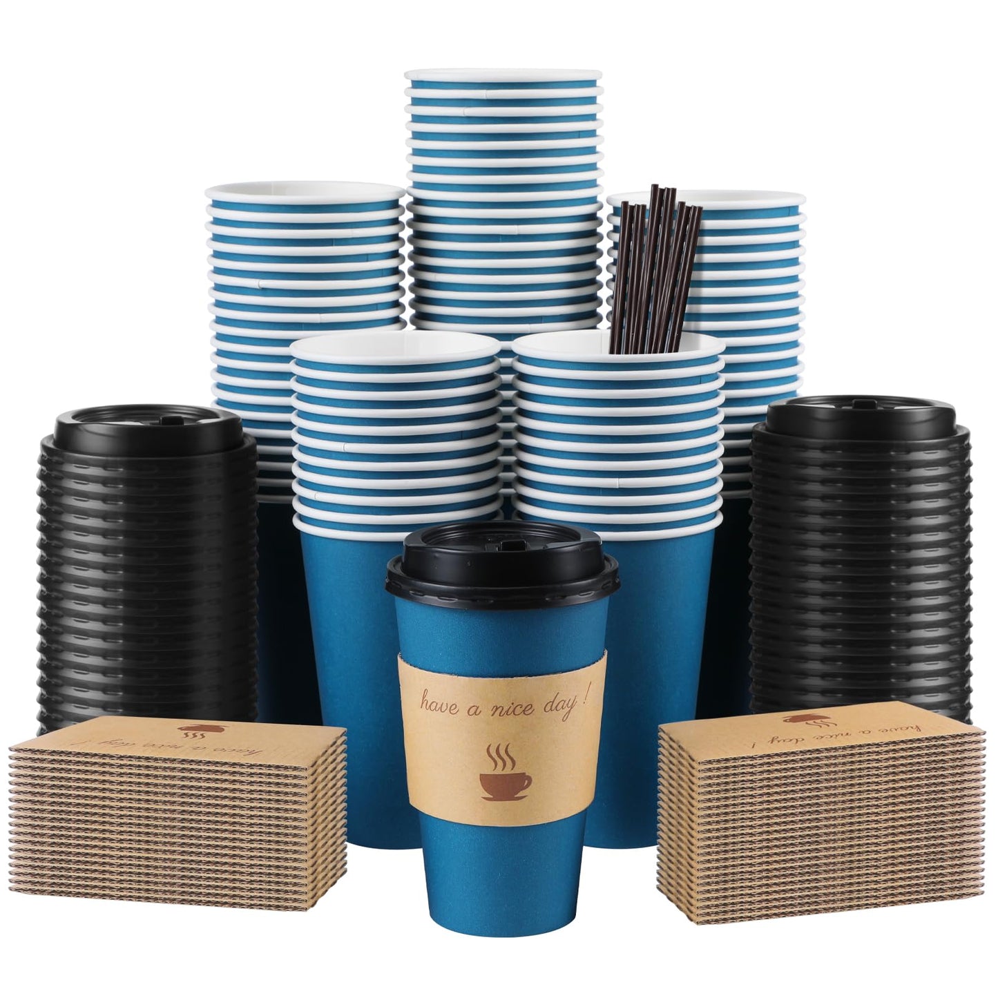 Clawsoff 100 Pack 16 oz Coffee Cups with Lids, Disposable To Go Paper Coffee Cups with Sleeves and Stirring Sticks for Hot/Cold Drinks Office Home Shop Event (Navy)