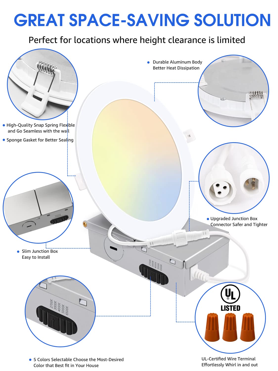 Energetic 12 Pack 6 Inch 5CCT Ultra-Thin LED Recessed Ceiling Light with Junction Box, 2700K/3000K/4000K/5000K/6500K Selectable, 12W 120W Eqv, 900LM, Dimmable Canless Wafer Downlight, IC Rated, ETL