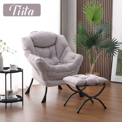 Tiita Lazy Chair with Ottoman, Modern Large Accent Lounge Chair, Leisure Sofa Armchair with Ottoman, Reading Chair with Footrest for Bedroom, Living Room, Dorm Rooms, Garden and Courtyard