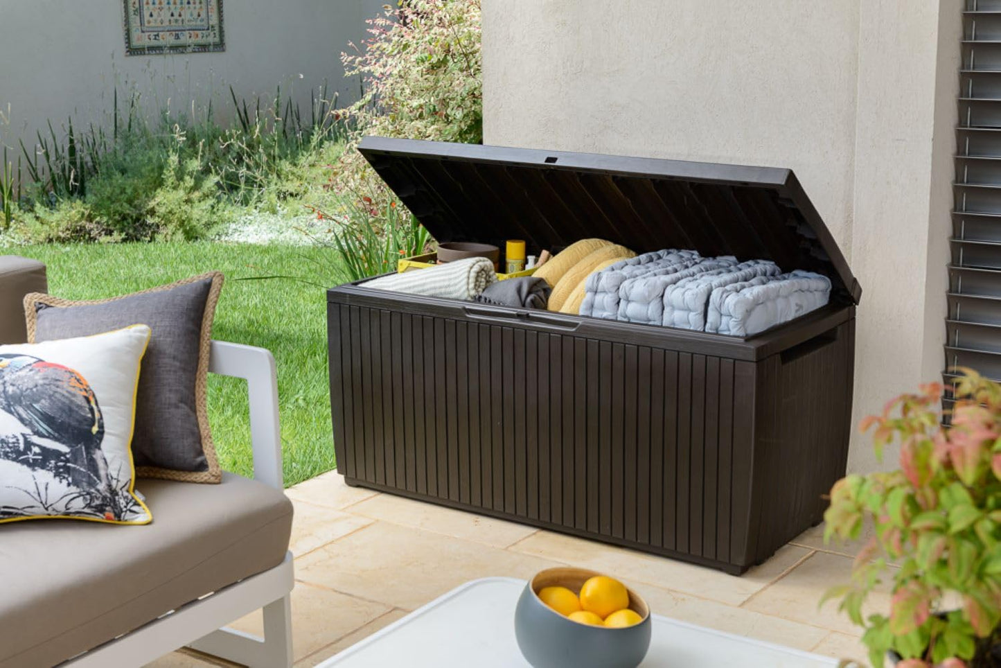 Keter Springwood 80 Gallon Resin Outdoor Storage Box for Patio Furniture Cushions, Pool Toys, and Garden Tools with Handles, Brown