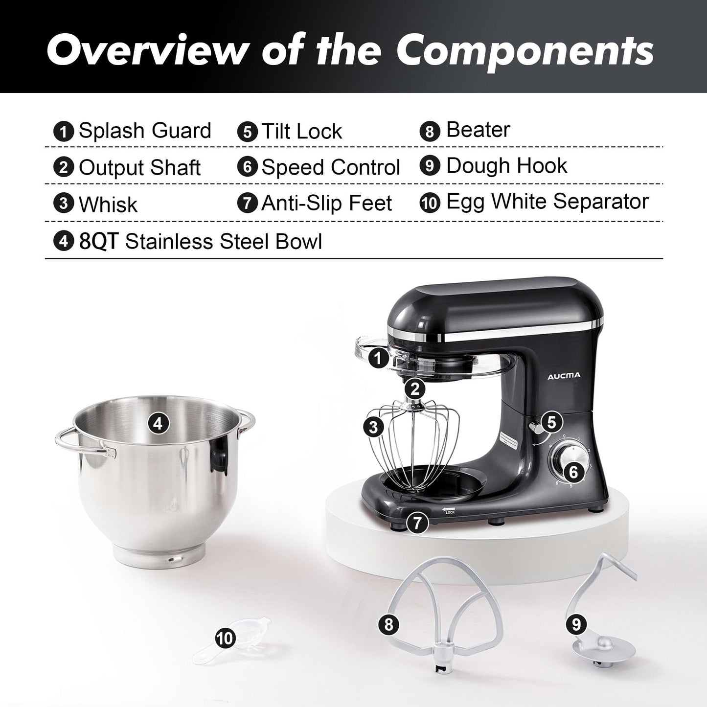 900W 8QT Aucma Stand Mixer with Attachments