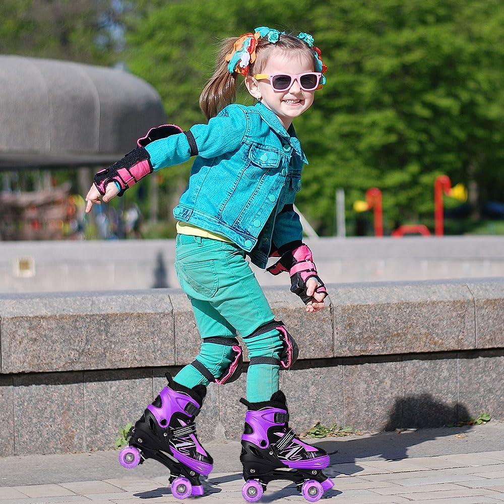 SYXKJ Boys Girls 4 Size Adjustable Kids Roller Skates for Children Toddlers Beginner with All Light Up Wheels, Birthday Gift for Outdoor Indoor Sports (Black Purple, Medium)