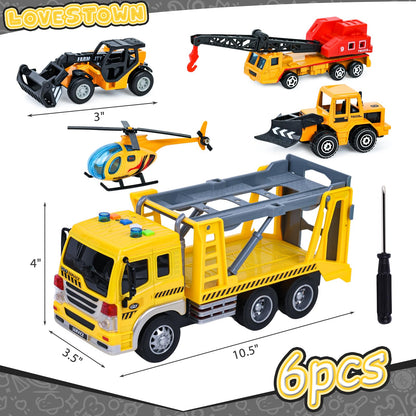 LovesTown 5PCS Construction Truck Toy Set, Large Truck with Lights and Sounds and Small Die-cast Engineering Trucks Helicopter Set for Kids Birthday Present