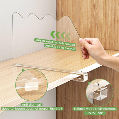 SPACEKEEPER Shelf Dividers for Closet Organization, Clear Closet Shelf Divider for Clothes Purses Separators, Wood Shelves Organizer for Bedroom, Kitchen, Office, Cabinets, Bathroom, 6 Pack