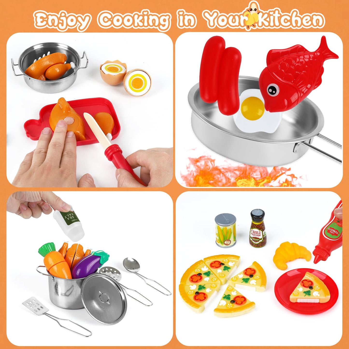 Pretend Play Kitchen Accessories- 64pcs Stainless Steel Play Pots Pans with Cutting Toy Food, Toy Cookware Cooking Utensils, Pretend Food Toy, Pizza Toy, Kids Kitchen Playset for Toddler Boys Girl