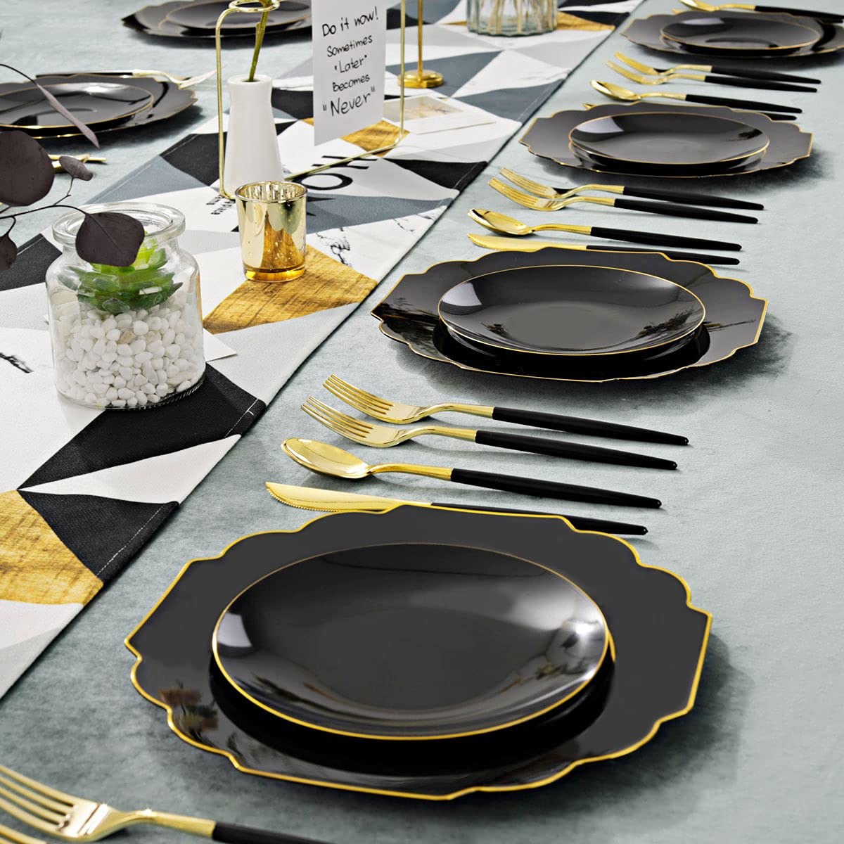 Supernal 150pcs Gold Plastic Dinnerware Set, Halloween Black Plastic Plates,Gold Plastic Silverware,Black and Gold Cutlery,include 30 Dinner Plates,30 Dessert Plates,30 Forks,30 Knives,30 Spoons