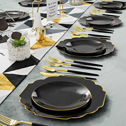 Supernal 150pcs Gold Plastic Dinnerware Set, Halloween Black Plastic Plates,Gold Plastic Silverware,Black and Gold Cutlery,include 30 Dinner Plates,30 Dessert Plates,30 Forks,30 Knives,30 Spoons