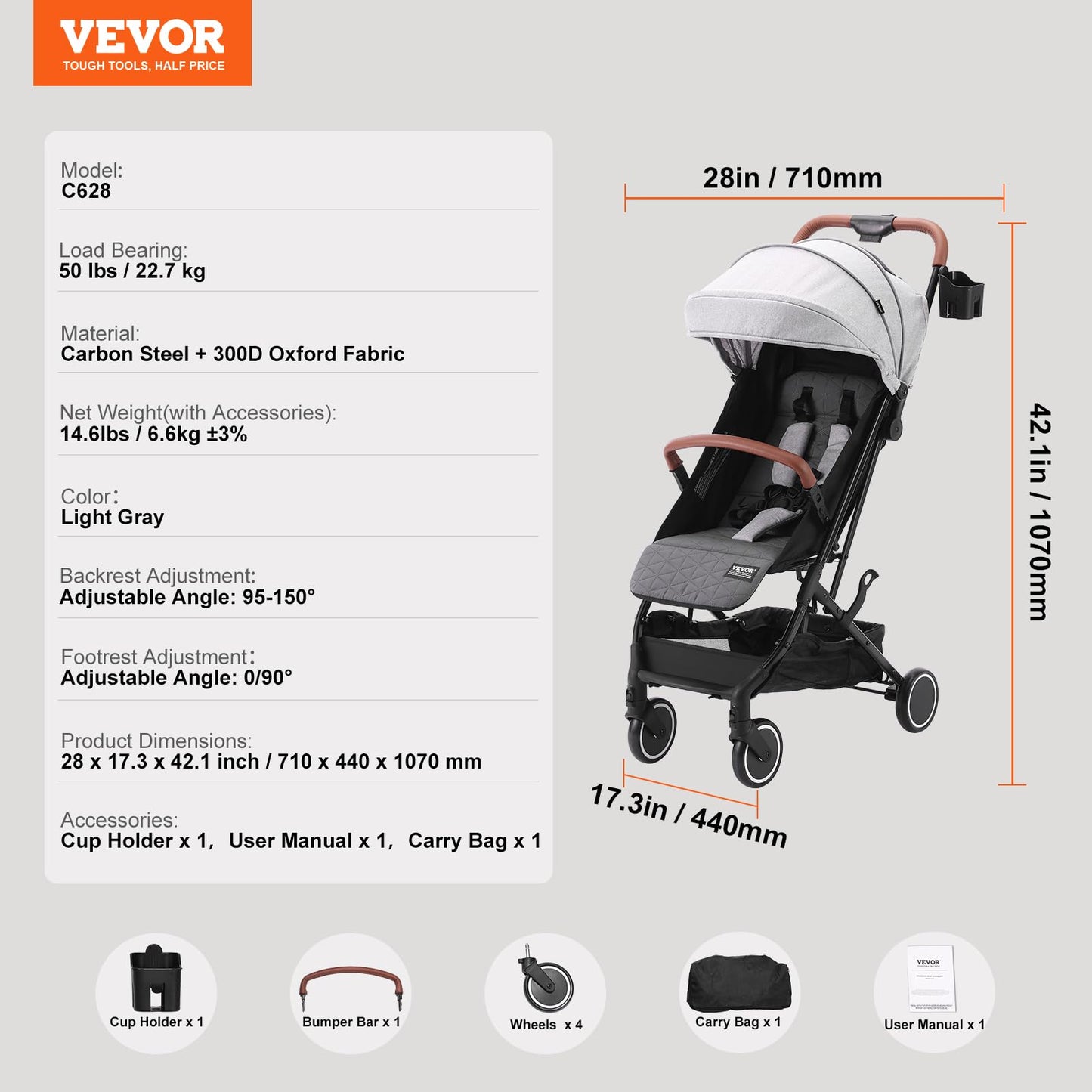 VEVOR Standard Baby Infant Stroller, Toddler Stroller with 95°-150° Adjustable Backrest & & 0/90°Adjustable Footrest & One-Click Folding, Newborn Stroller with Cup Holder and Carry Bag, Light Grey