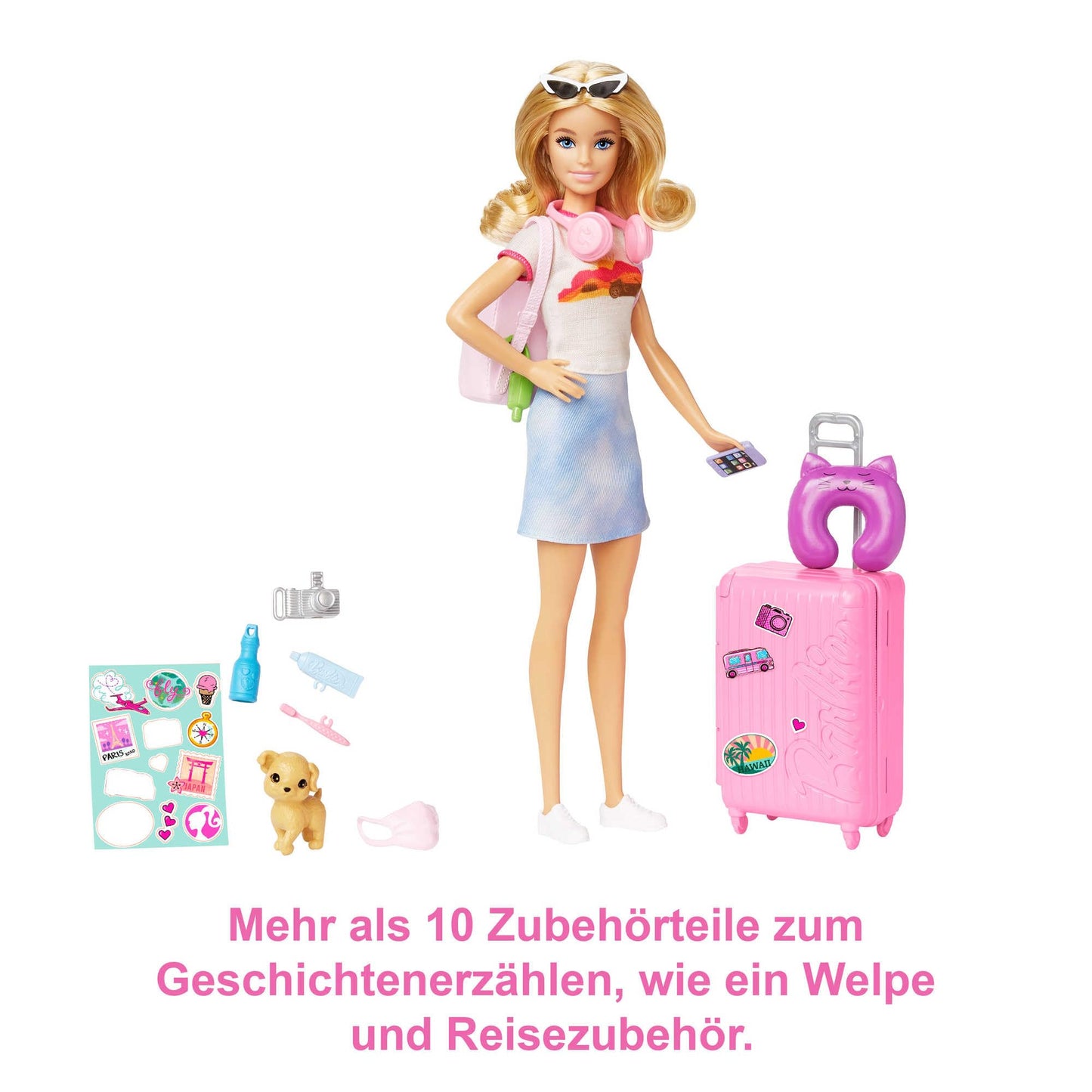 Barbie Doll & Accessories, Travel Set with Puppy and 10+ Pieces, Suitcase Opens & Closes, Malibu Doll with Blonde Hair