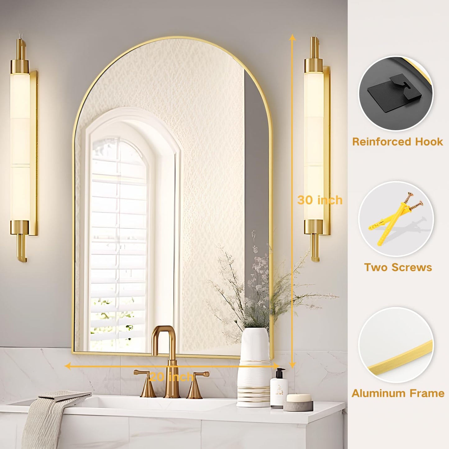 Rosynee Gold Arched Bathroom Mirror - 20x30 Gold Mirror Arch Framed for Wall, Over Sink Mantel Vanity Mirrors Decorative for Dresser, Firplace