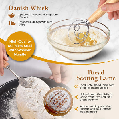 Banneton Bread Proofing Basket Set, Oirfaxs 10 Inch Oval & 10 Inch Round Sourdough Bread Baking Supplies Proofing Basket with Bread Lame,Danish Dough Whisk,Bowl& Dough Scrapers, Complete Baking Gifts