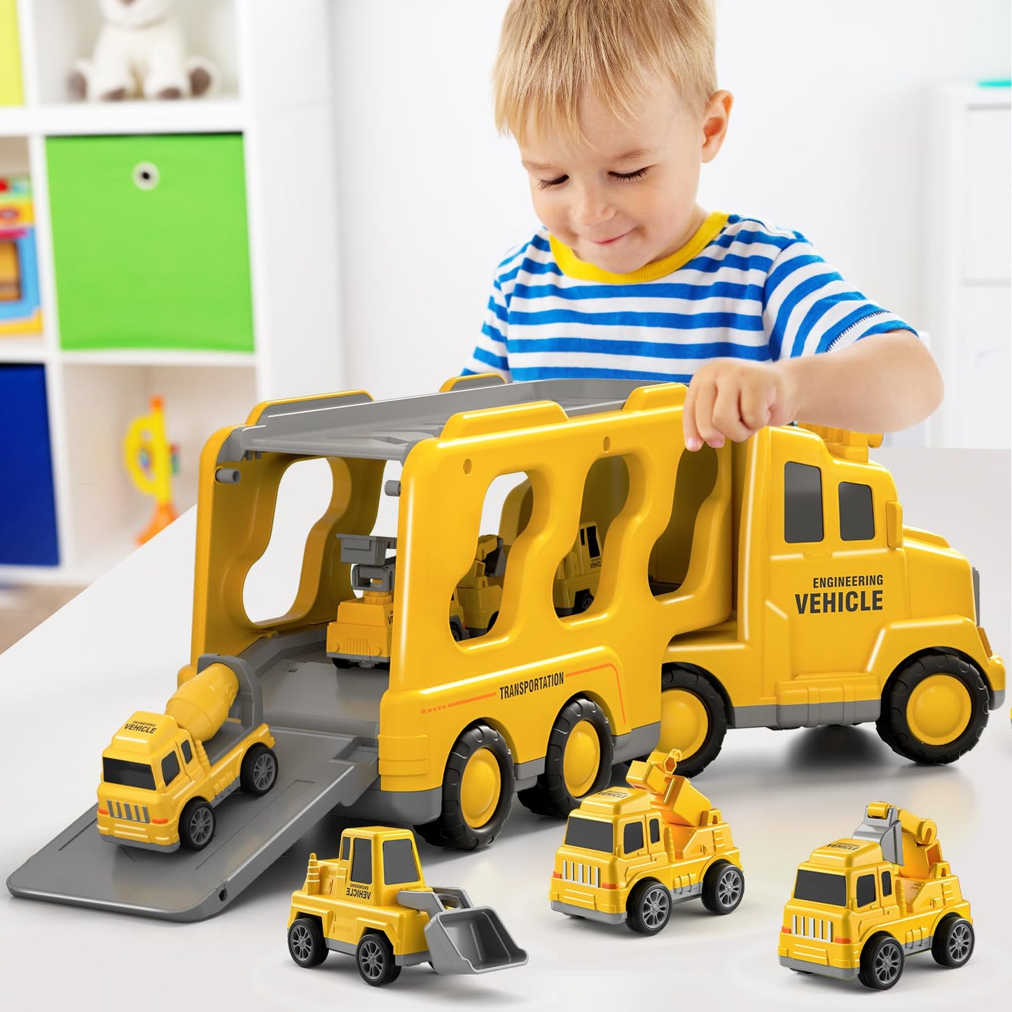 GoAnnieGo Construction Truck Toys Cars for Toddlers 3-5 - 5-in-1 Friction Power Vehicle Toy 3 4 5 6 Year Old Boys, Cranes Bulldozers Transport Trucks, Christmas Birthday Gift for Age 3-9 Boys & Girls