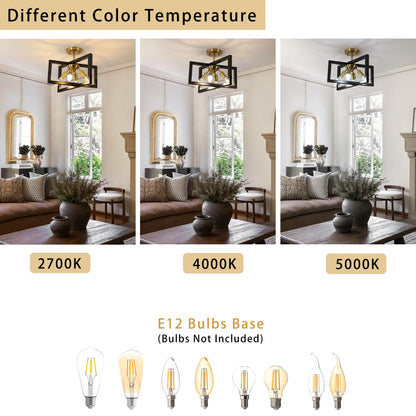 DELIPOP Semi Flush Mount Ceiling Light, 4-Light Gold Farmhouse Industrial Ceiling Light Fixtures with Black Square Metal Frame Close to Ceiling Light for Kitchen, Dining Room, Living Room, Bedroom