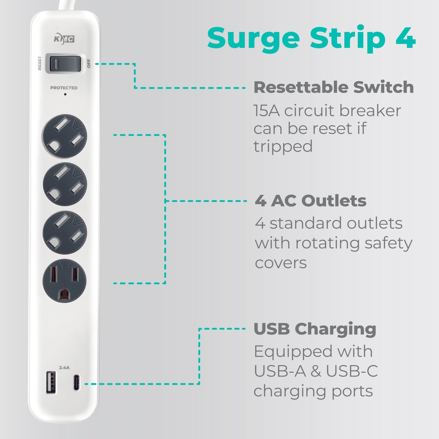 KMC 4-Outlet Surge Protector with USB Ports