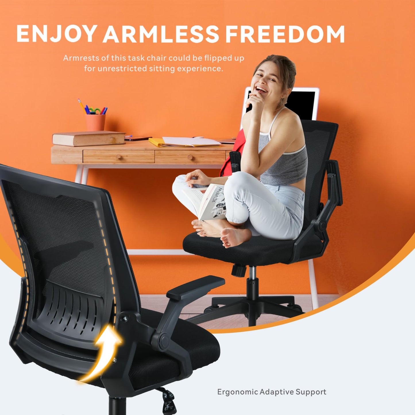 COMHOMA Office Chair with Flip-up Armrests Ergonomic Computer Desk Chair Foldable Mesh Task Chair with Wheels Adaptive Lumbar Support Swivel Tilt Comfortable Study Chair for Student, Black