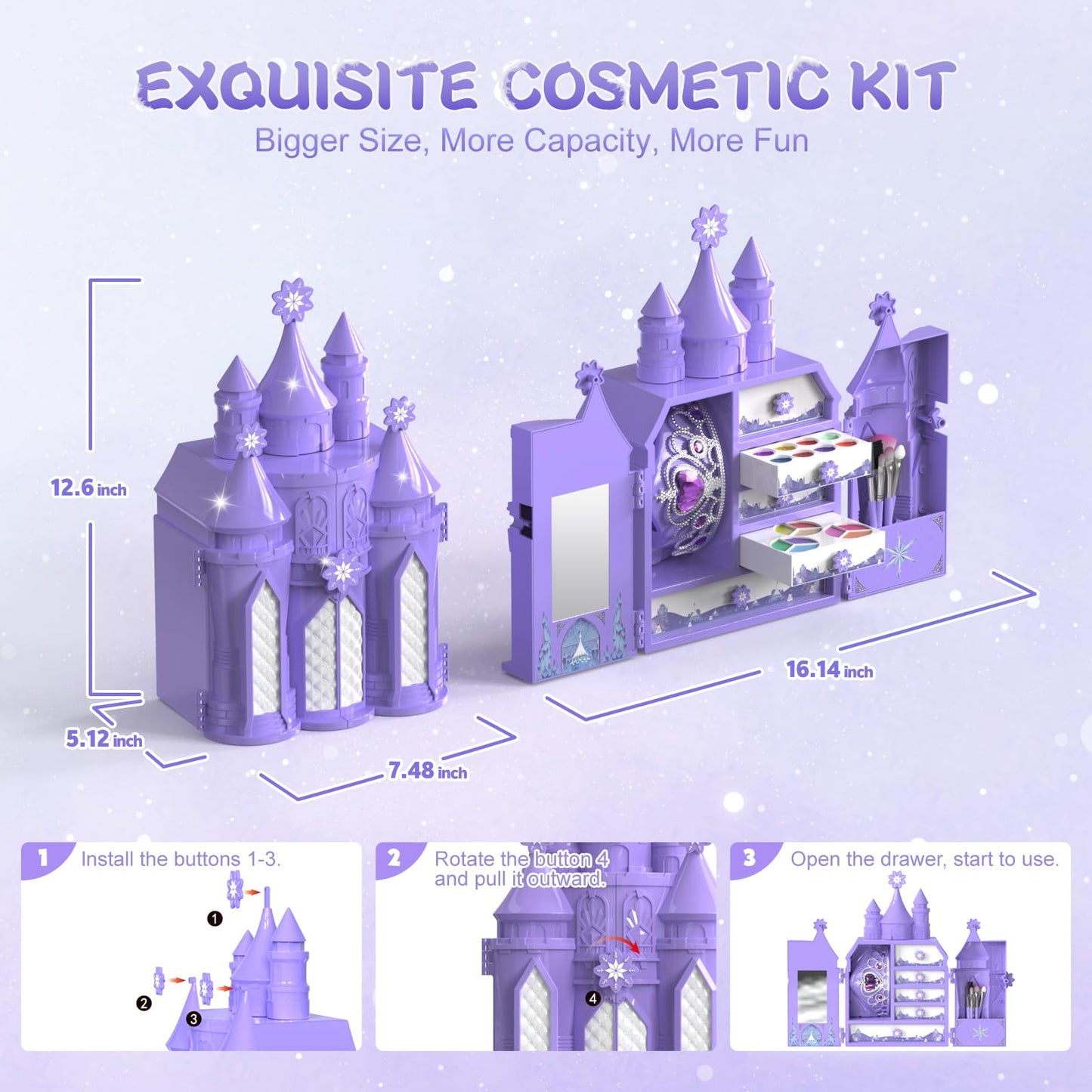 PERRYHOME Kids Makeup Kit for Girl 52 Pcs Frozen Castle Toys for Girls, Safe & Non-Toxic & Washable Little Girl Makeup Set, Toddler Girl Toy Christmas & Birthday Girl Gift for 3-12 (Purple)