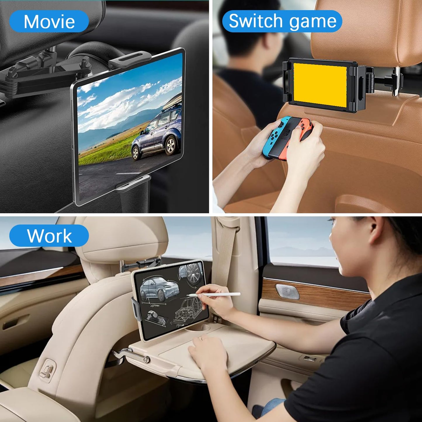 Tablet Holder for Car - Car Tablet Holder, [3 in 1 Extension Arm] Long Trip Car Tablet Mount, Road Trip Essentials, Car Backseat Tablet Mount Compatible with 4-12" Tablets & Headrest Rod (Black)