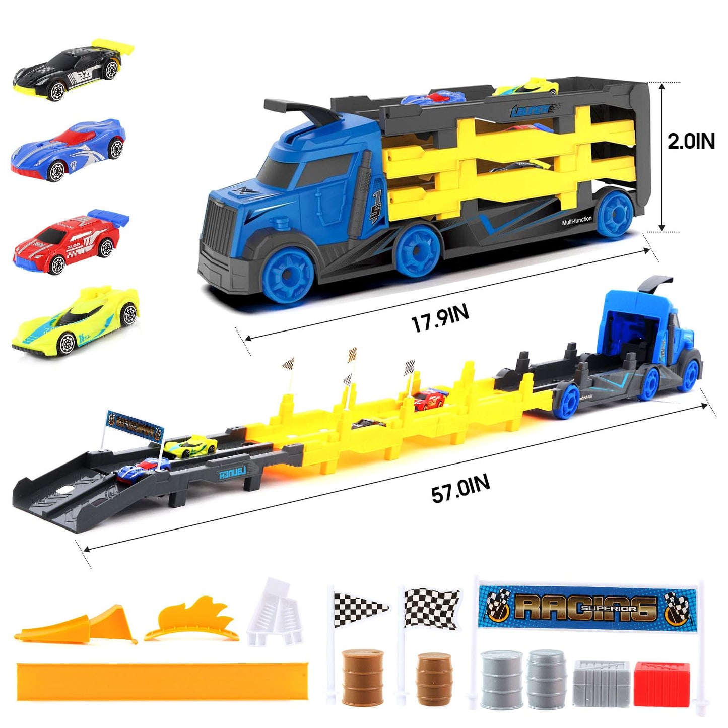 HSEONEJIA Toddler Car Race Track Truck Toy Set, 57 INCH Deformable Mega Hauler Transporter Truck with 4 Small Race Cars, Birthday for Kids Boys Girls Age 2 3 4 5 Years Old