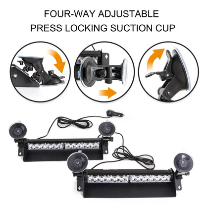 SMALLFATW Split Strobe Light Bar Dual 12 LED 16" 9 Flashing Modes, Four-Way Adjustable Locking Suction Cup, Visor Dash Windshield Warning Emergency Light for Car Truck Vehicles, Red&Blue 2PCS