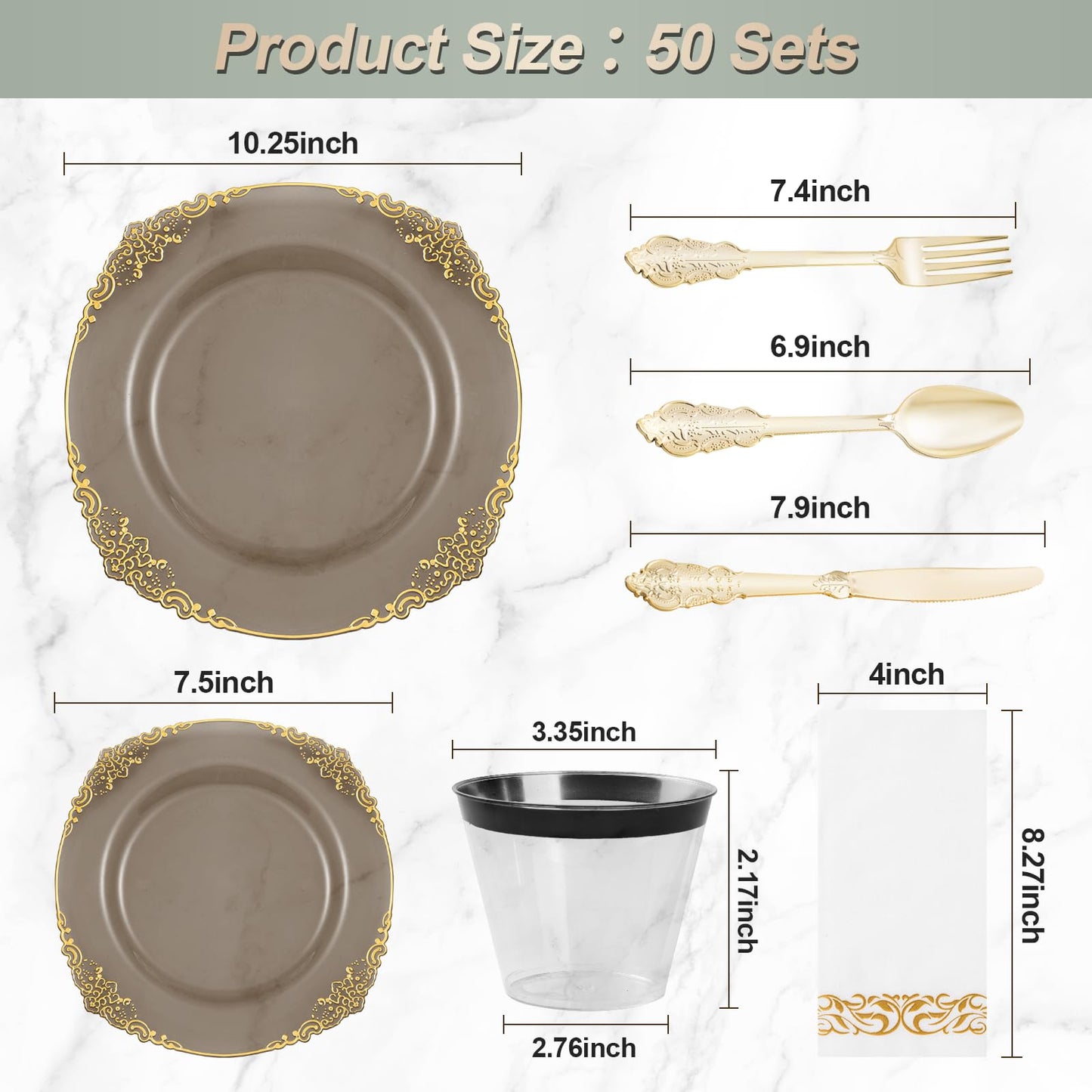 Bestluck 350PCS Clear Black Plastic Plates for 50 Guests, Disposable Plates with Gold Trim include 50 Dinner plates, 50 Dessert Plates, 150 Gold Silverware, 50 Cups, 50 Napkins for Wedding & Party