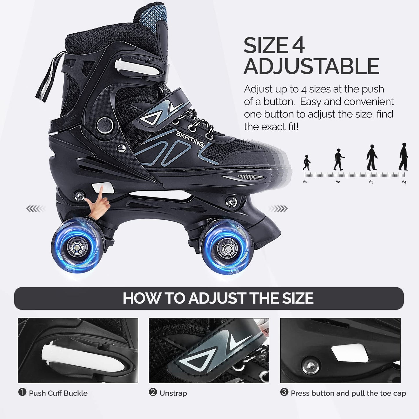 CELCELETOY Kids Roller Skates,with Sparkling Glowing Wheels and 4 Adjustable Sizes of Boys Roller Skate, Roller Skate Suitable for Boys Aged 3-12 and Kid Rollerskates for Indoor and Outdoor Sports