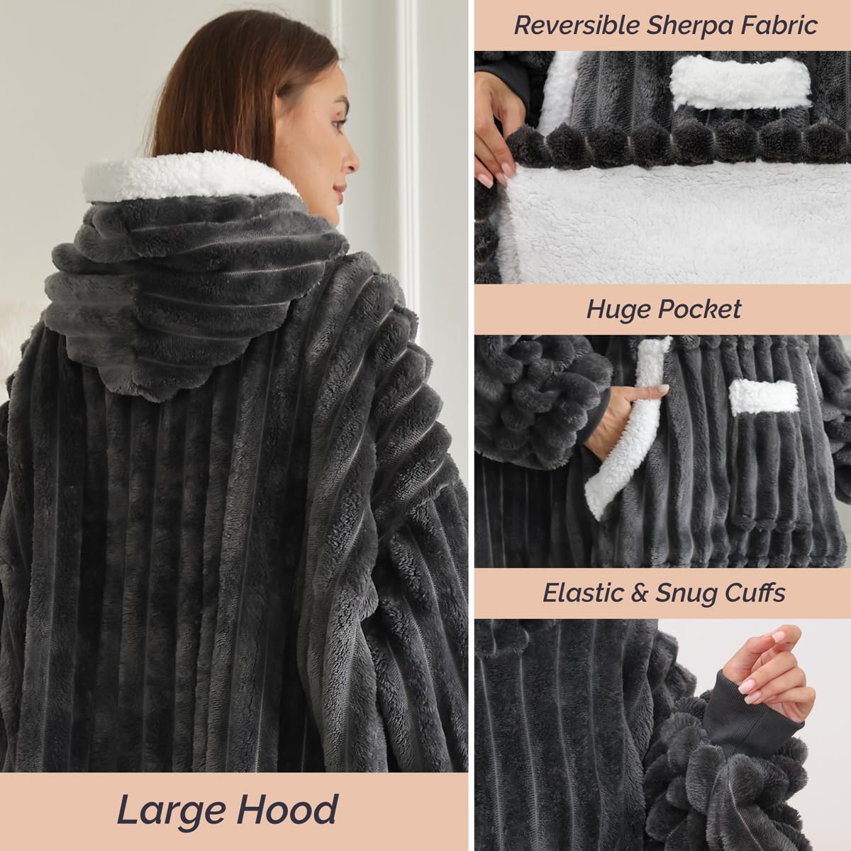 Wearable Blanket Hoodie with Giant Pockets