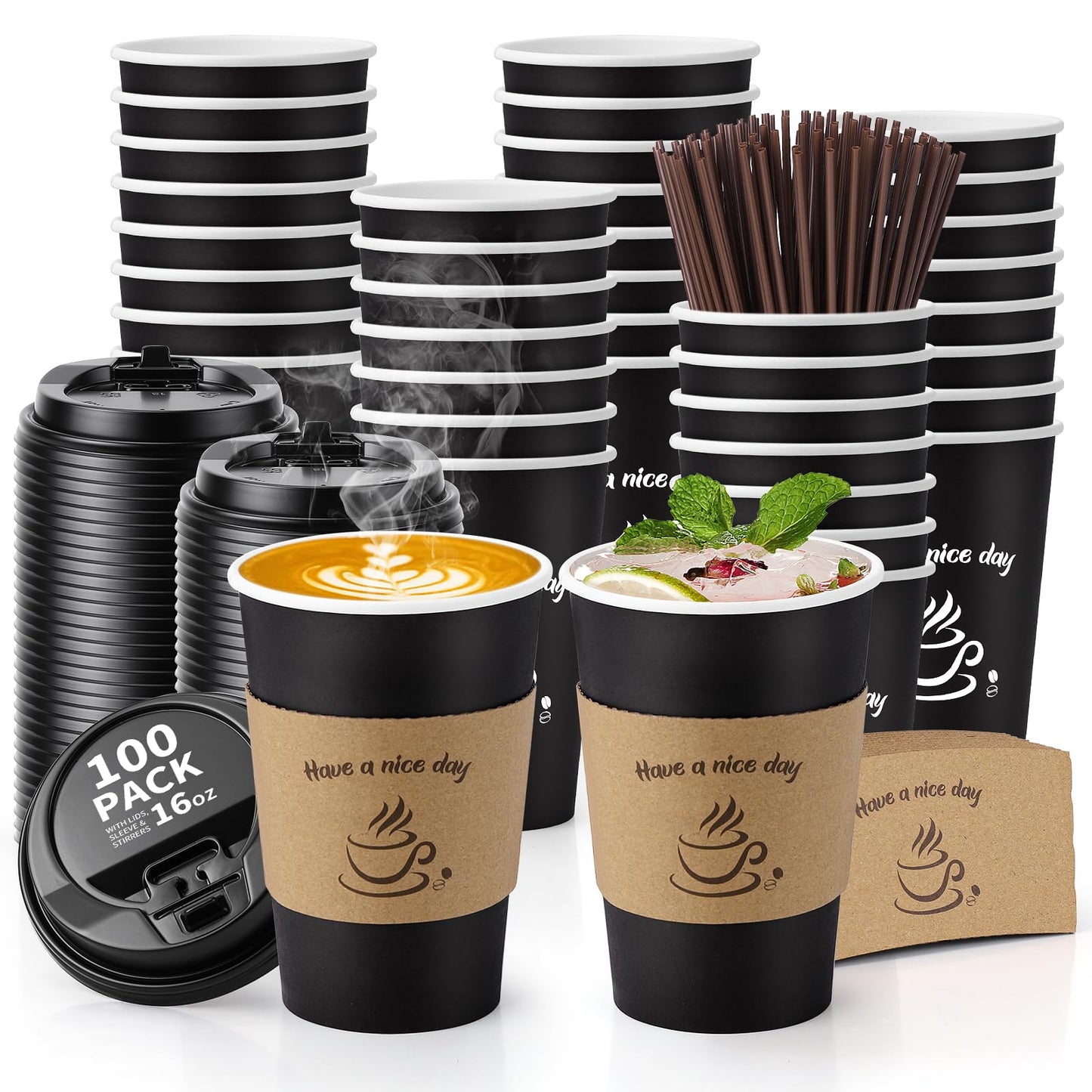 AIRE 100 Pack 16 oz Coffee Cups with Lids, Disposable Coffee Cups for Hot & Cold Drinks, To Go Coffee Cups with Lids for Coffee, Tea, Chocolate, Juice, Insulated Paper Coffee Cups