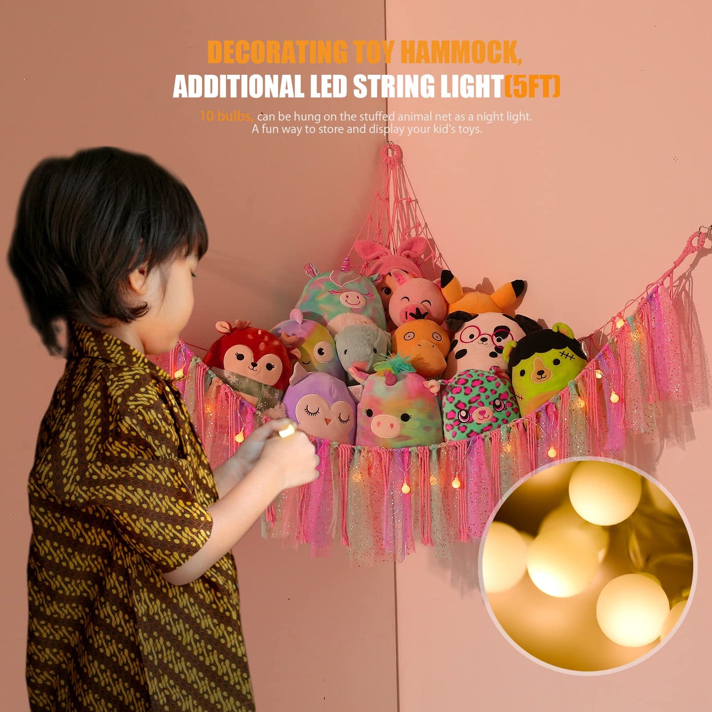 Stuffed Animal Storage Macrame Boho Plush Toy Net Hammock for Stuffed Animals with Light Pet Net for Stuffed Animals Corner Hanging Stuffed Animal Holder Teddy Bear Net for Kids Room