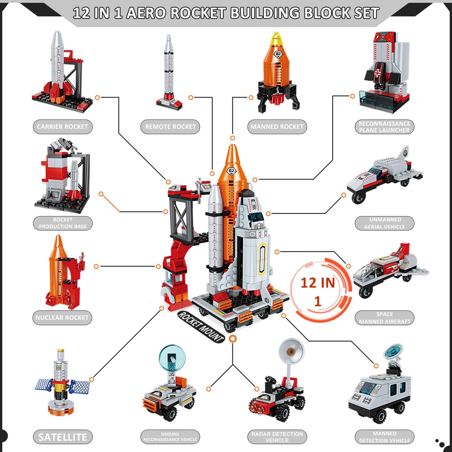 12 in 1 Aerospace Building Toys with Rocket Launcher.Space Shuttle Building Block Toys for Kids Aged 6-12.STEM Construction Toys.Work with other Building Block Brands.Idea Gifts for Space Fun Kids