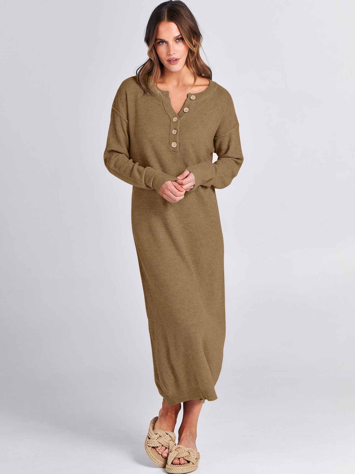 ANRABESS Women Long Sleeve Button V Neck Oversized Casual Loose Fit Waffle Knit Fall Midi Sweater Dress 2024 Trendy Outfits Khaki Medium