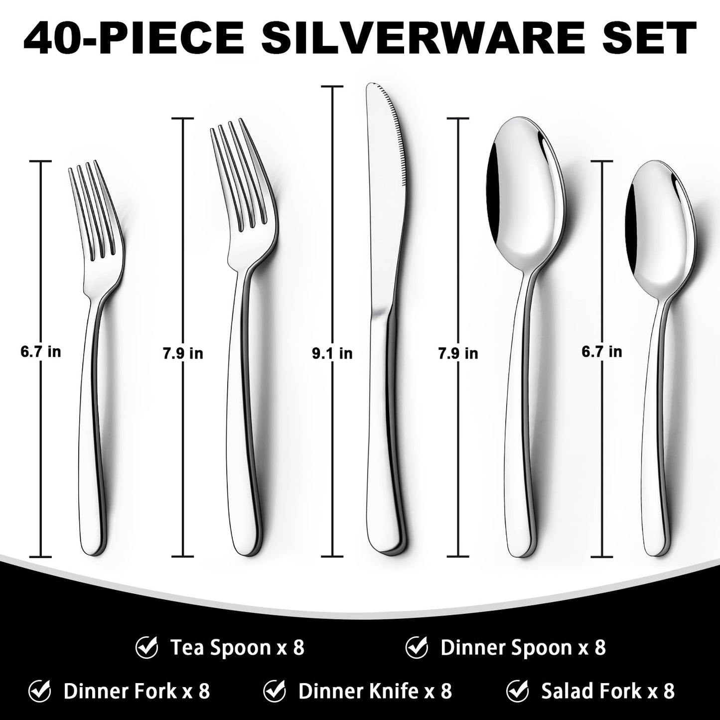 40-Piece Silverware Set, Heavy Duty Stainless Steel Flatware Set for 8, Food-Grade Tableware Cutlery Set, Utensil Sets for Home Restaurant, Mirror Finish, Dishwasher Safe