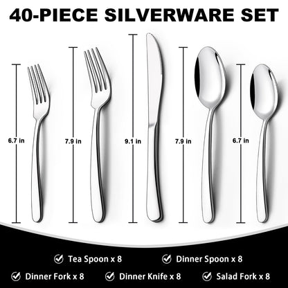 40-Piece Silverware Set, Heavy Duty Stainless Steel Flatware Set for 8, Food-Grade Tableware Cutlery Set, Utensil Sets for Home Restaurant, Mirror Finish, Dishwasher Safe