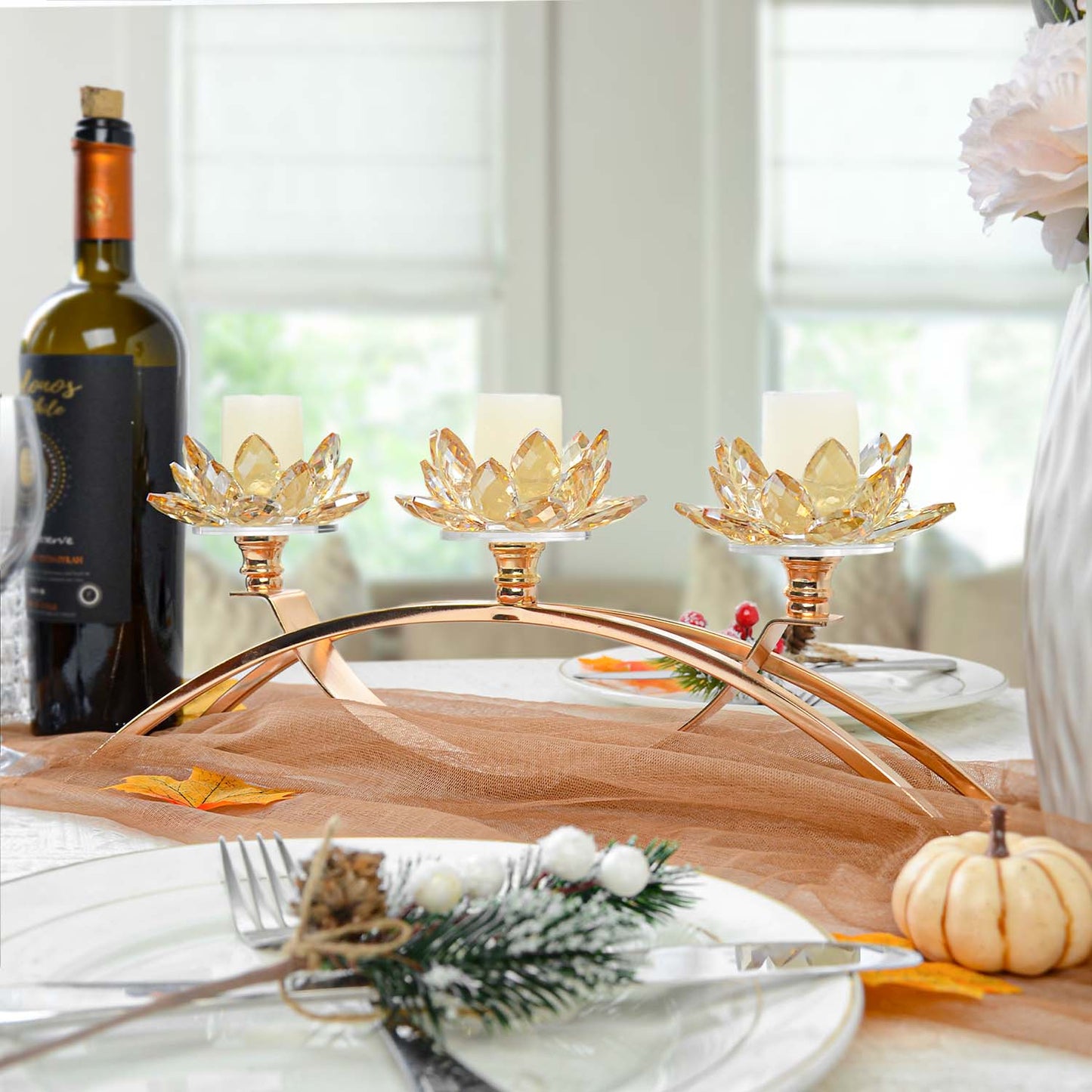 Flower Crystal 3-Arm Candelabra Candle Holder