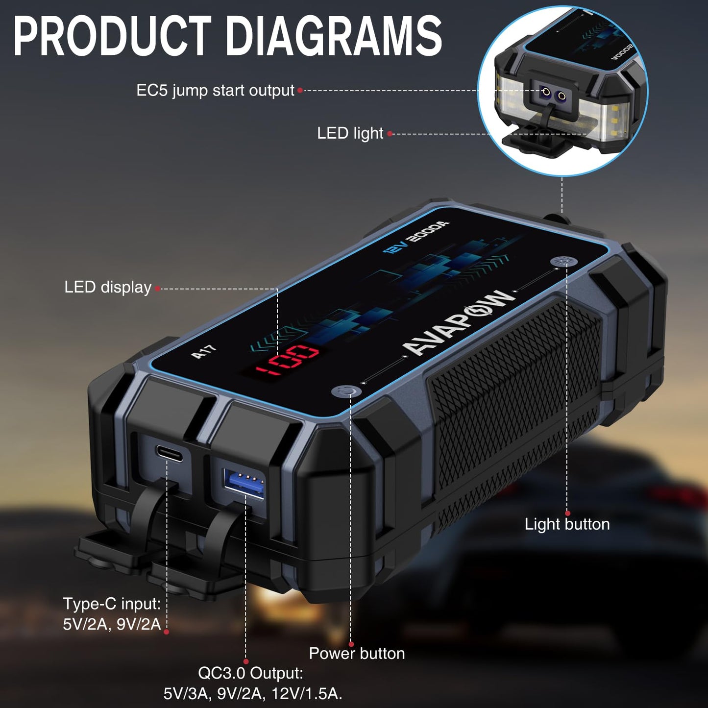 AVAPOW 2000A Car Jump Starter with USB