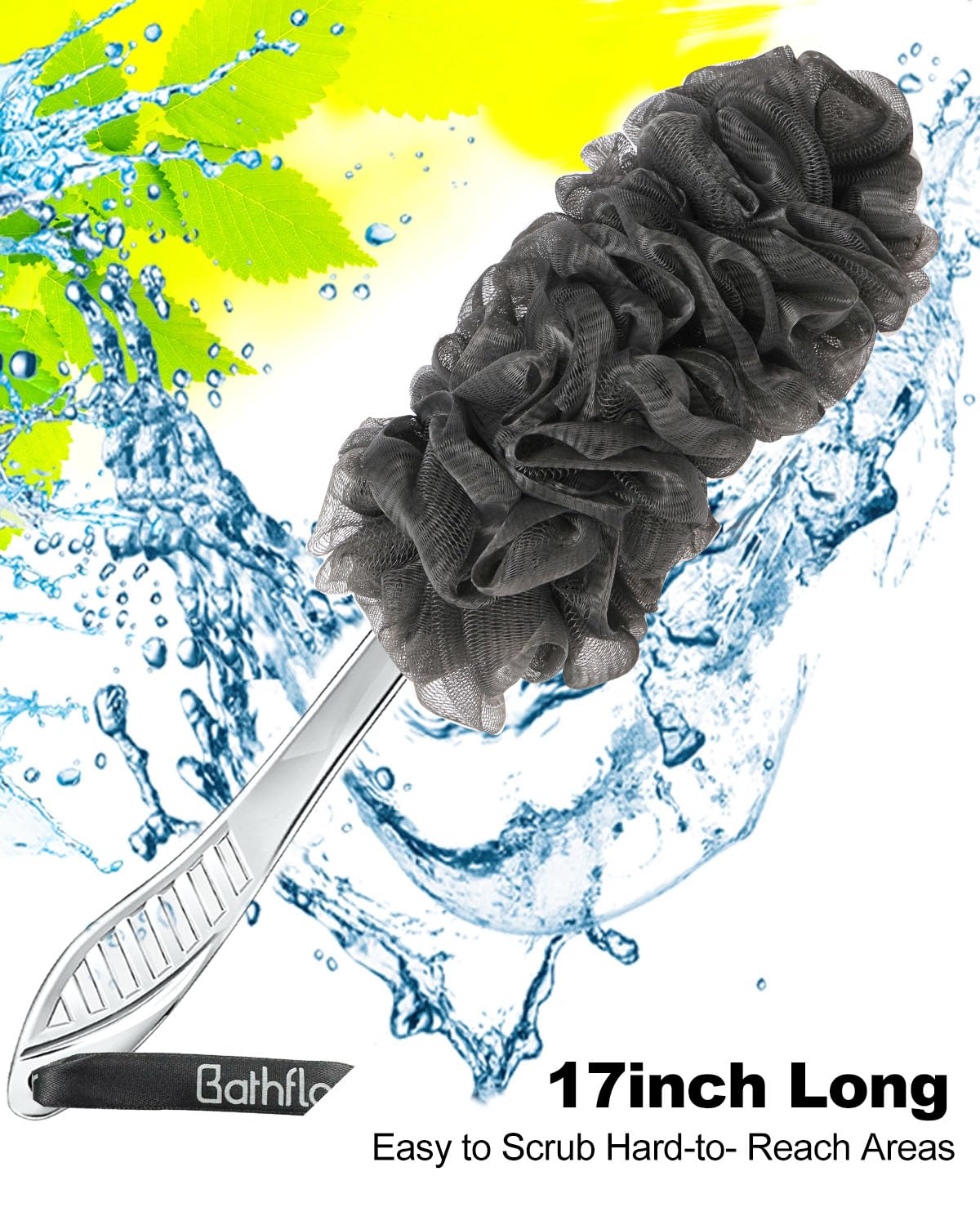 Bathflor Shower Loofah Sponge Exfoliating Body Scrubber 80g, Charcoal Loofa for Women & Men Bath Wash: 1 Long Handle Back Brush Plus 4 Packs Extra Large 80g Soft Mesh Luffa Poufs, 1 Lufa Hook (Gray)