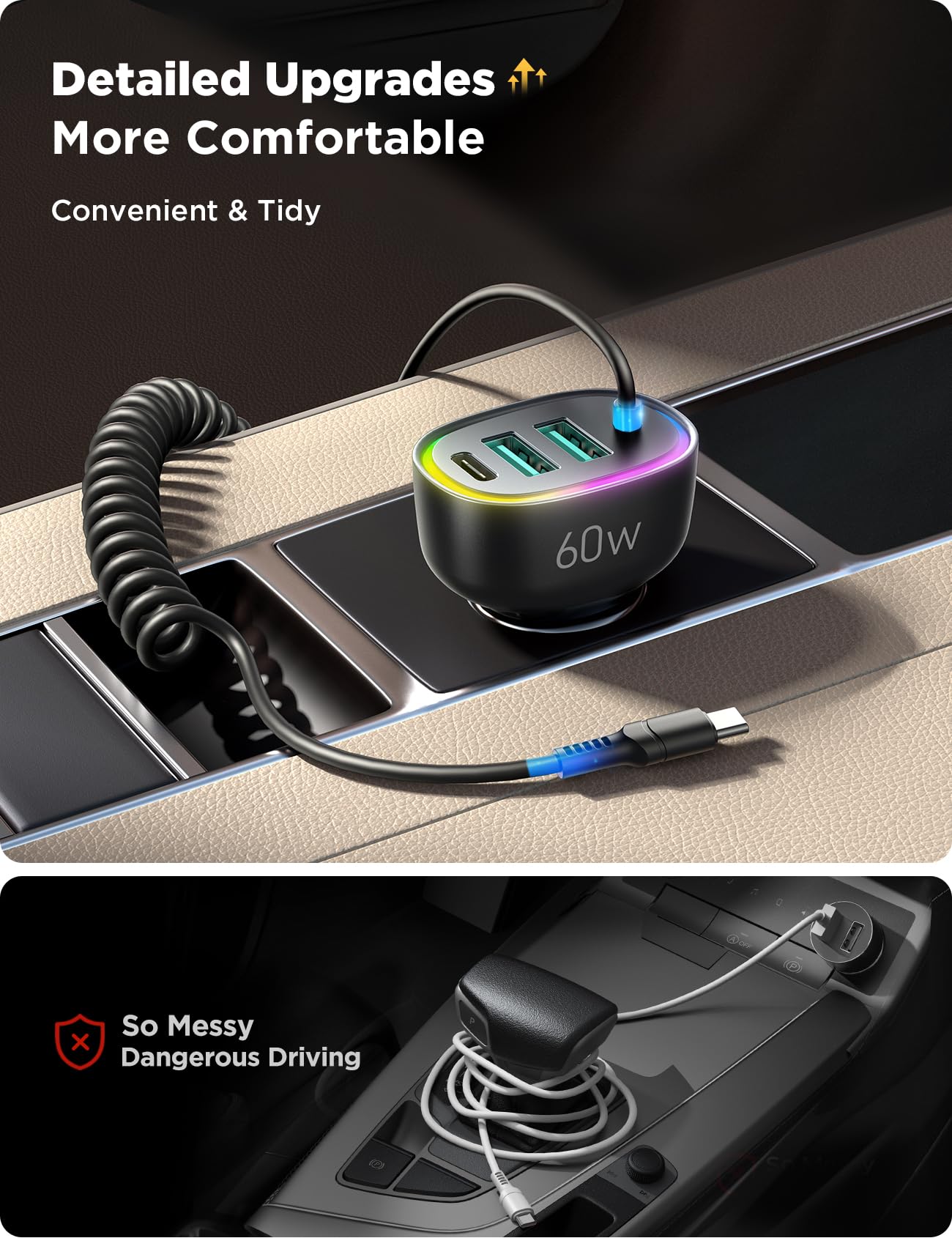 JOYROOM 60W USB-C Car Charger with Coiled Cable